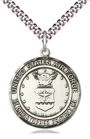 Sterling Silver Air Force St Christopher Pendant on a 24 inch Light Rhodium Heavy Curb chain