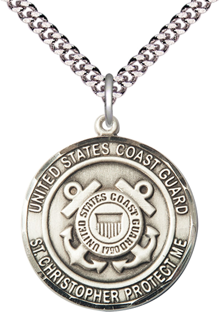 Sterling Silver Coast Guard St Christopher Pendant on a 24 inch Light Rhodium Heavy Curb chain