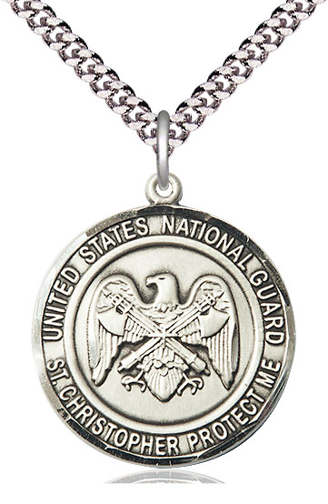 Sterling Silver National Guard St Christopher Pendant on a 24 inch Light Rhodium Heavy Curb chain