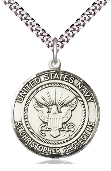 Sterling Silver Navy St Christopher Pendant on a 24 inch Light Rhodium Heavy Curb chain