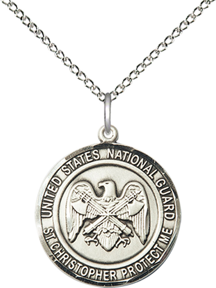 Sterling Silver National Guard St Christopher Pendant on a 18 inch Sterling Silver Light Curb chain