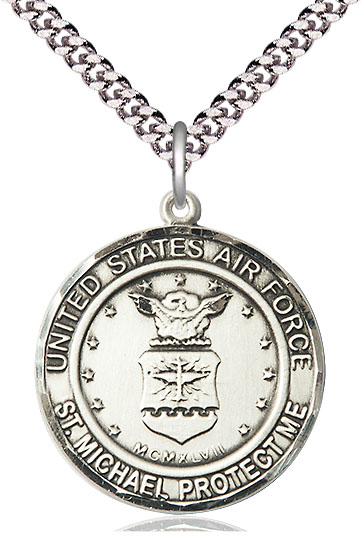 Sterling Silver Air Force St Michael Pendant on a 24 inch Light Rhodium Heavy Curb chain