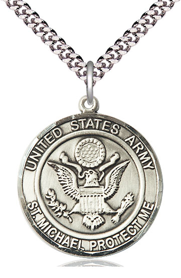 Sterling Silver Army St Michael Pendant on a 24 inch Light Rhodium Heavy Curb chain