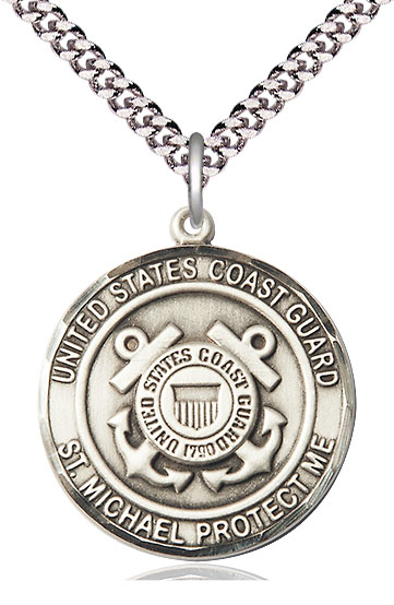 Sterling Silver Coast Guard St Michael Pendant on a 24 inch Light Rhodium Heavy Curb chain