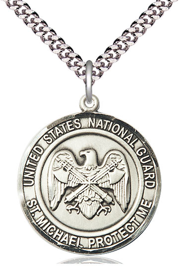 Sterling Silver National Guard St Michael Pendant on a 24 inch Light Rhodium Heavy Curb chain