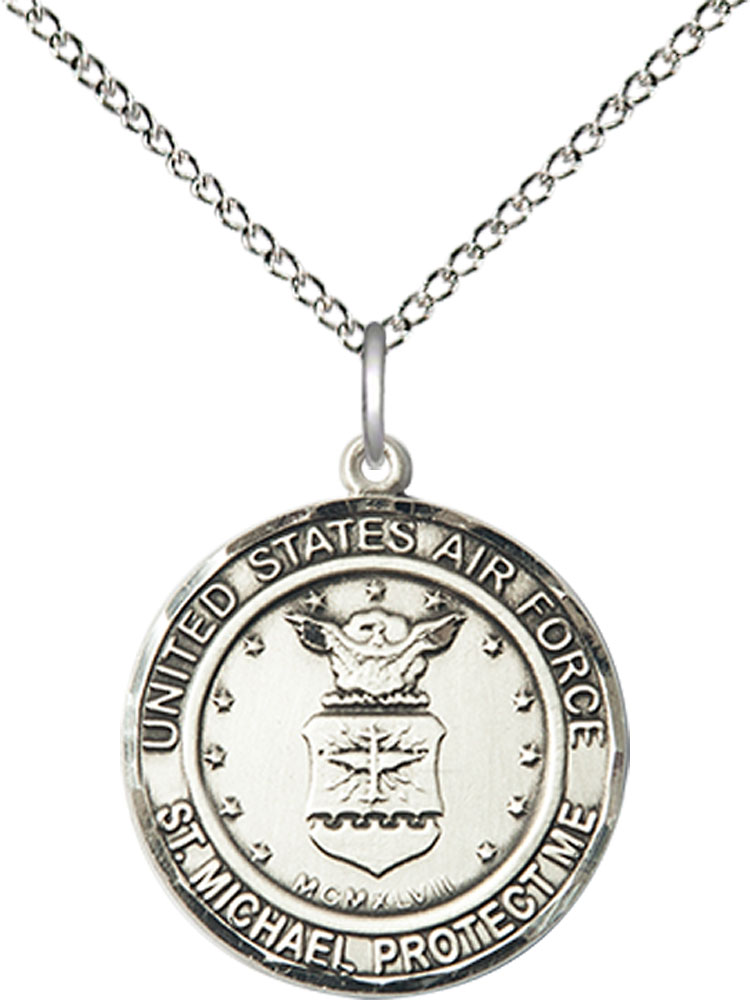 Sterling Silver Air Force St Michael Pendant on a 18 inch Sterling Silver Light Curb chain