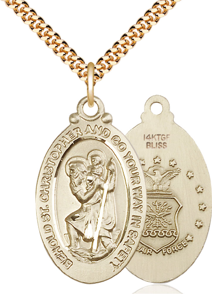 14kt Gold Filled Saint Christopher Air Force Pendant on a 24 inch Gold Plate Heavy Curb chain