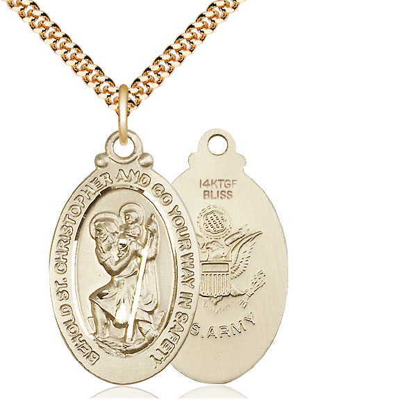 14kt Gold Filled Saint Christopher Army Pendant on a 24 inch Gold Plate Heavy Curb chain