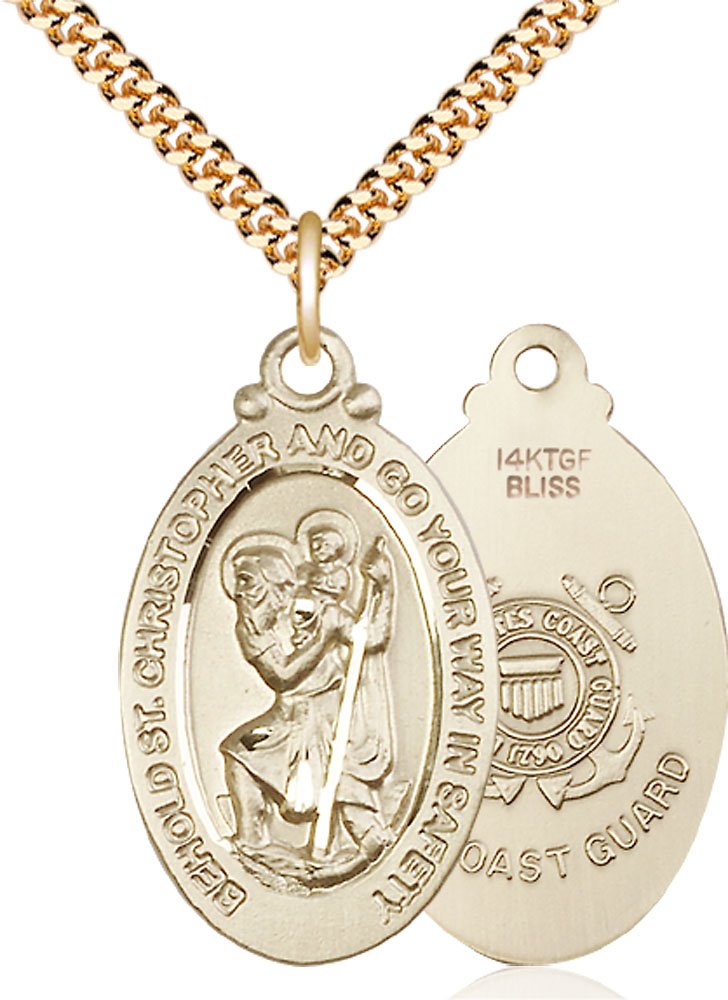 14kt Gold Filled Saint Christopher Coast Guard Pendant on a 24 inch Gold Plate Heavy Curb chain