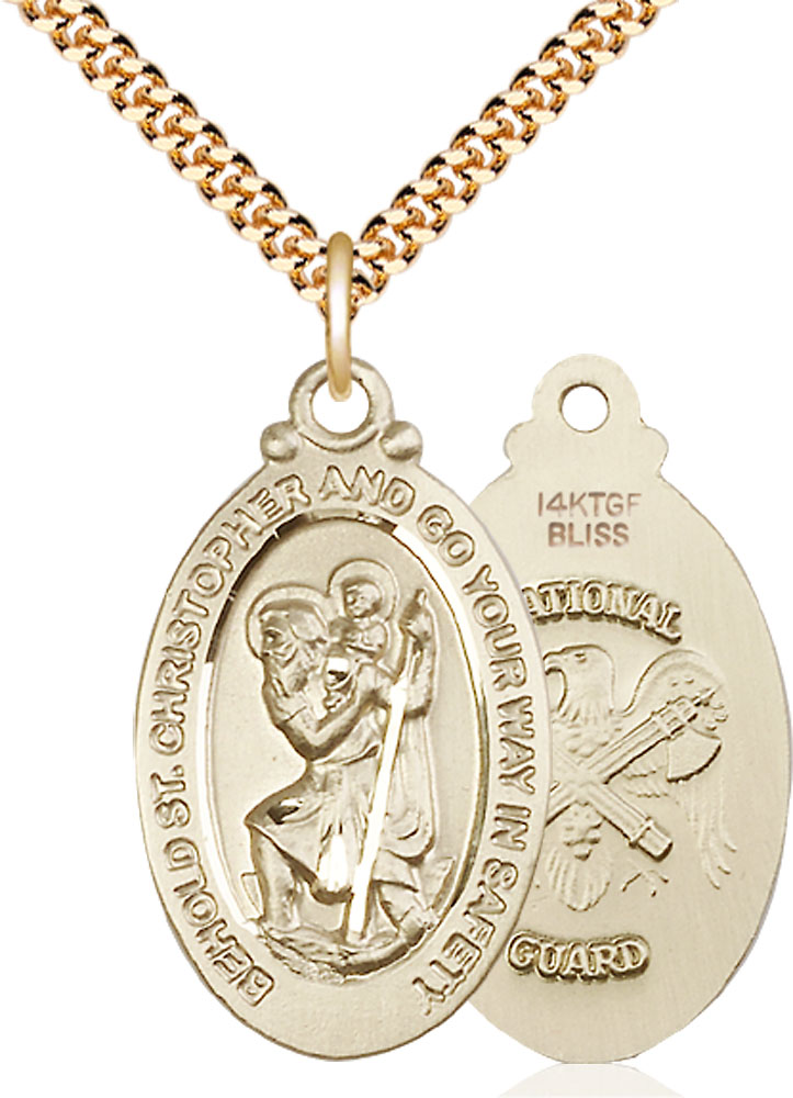 14kt Gold Filled Saint Christopher National Guard Pendant on a 24 inch Gold Plate Heavy Curb chain