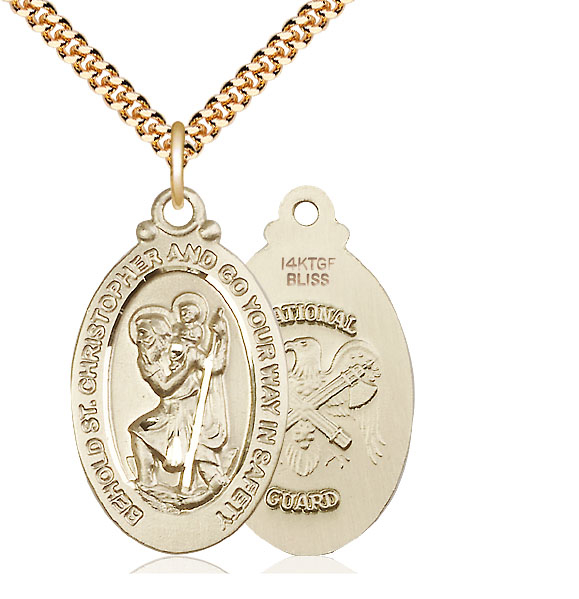 14kt Gold Filled Saint Christopher National Guard Pendant on a 24 inch Gold Plate Heavy Curb chain