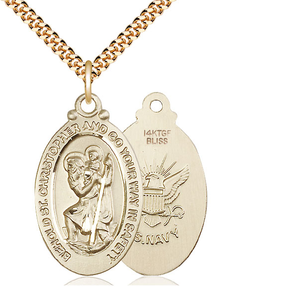 14kt Gold Filled Saint Christopher Navy Pendant on a 24 inch Gold Plate Heavy Curb chain