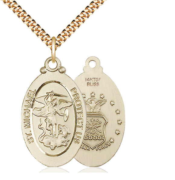 14kt Gold Filled Saint Michael Air Force Pendant on a 24 inch Gold Plate Heavy Curb chain