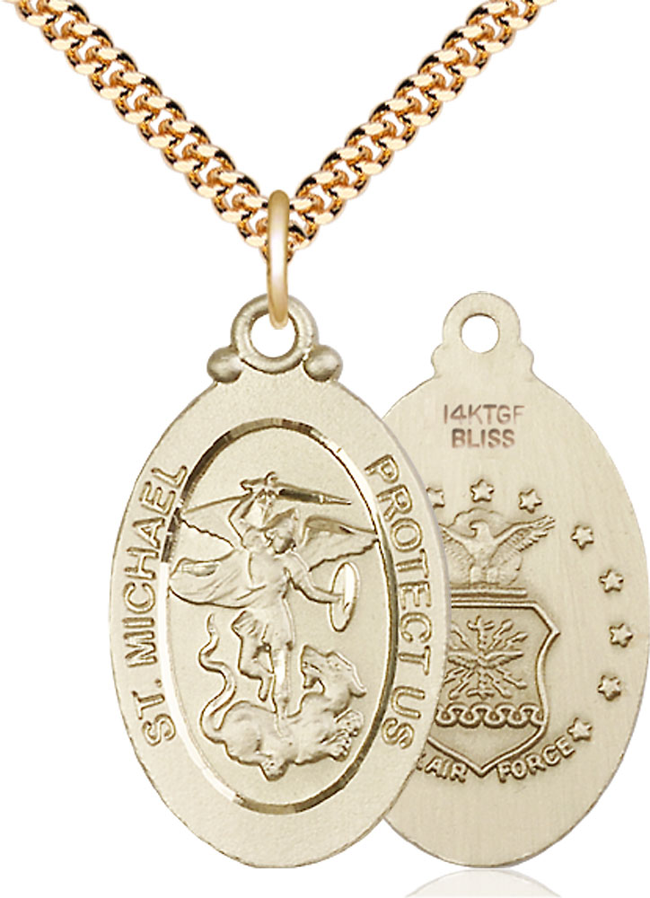 14kt Gold Filled Saint Michael Air Force Pendant on a 24 inch Gold Plate Heavy Curb chain