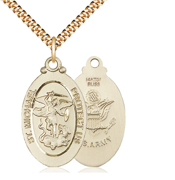 14kt Gold Filled Saint Michael Army Pendant on a 24 inch Gold Plate Heavy Curb chain