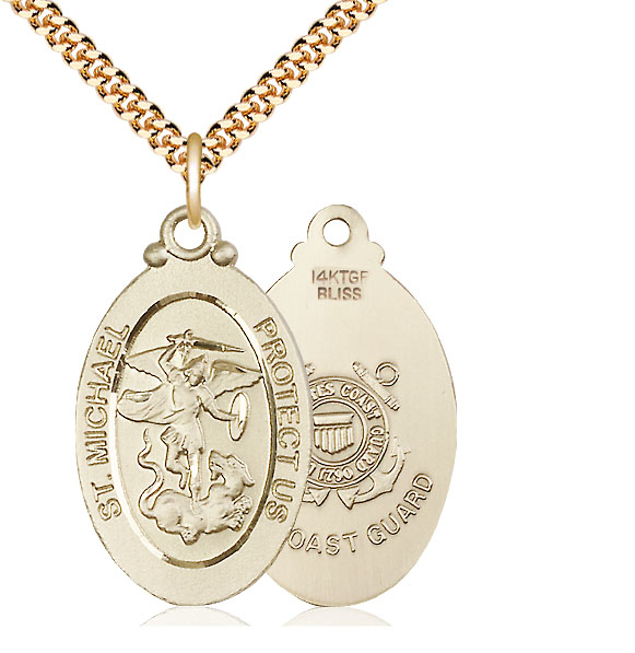 14kt Gold Filled Saint Michael Coast Guard Pendant on a 24 inch Gold Plate Heavy Curb chain
