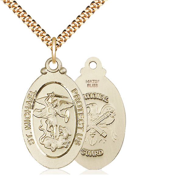 14kt Gold Filled Saint Michael National Guard Pendant on a 24 inch Gold Plate Heavy Curb chain