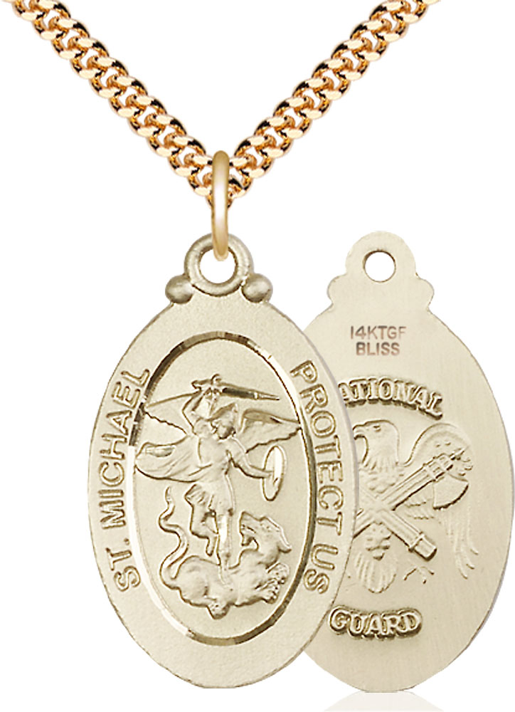 14kt Gold Filled Saint Michael National Guard Pendant on a 24 inch Gold Plate Heavy Curb chain