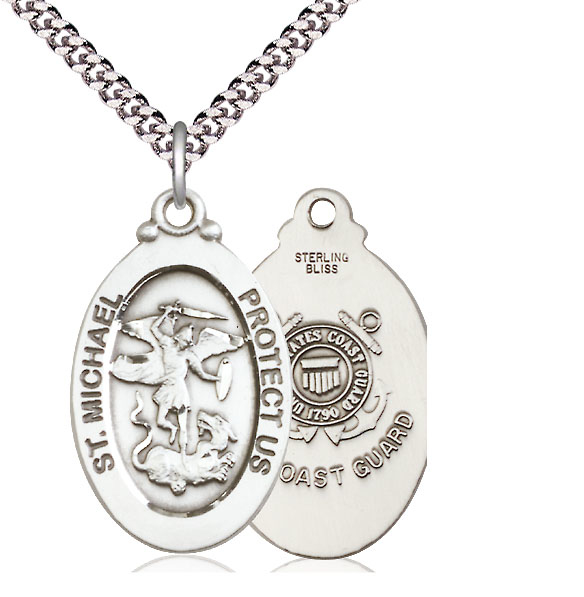 Sterling Silver Saint Michael Coast Guard Pendant on a 24 inch Light Rhodium Heavy Curb chain