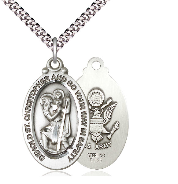 Sterling Silver Saint Christopher Army Pendant on a 24 inch Light Rhodium Heavy Curb chain