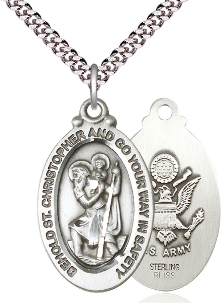 Sterling Silver Saint Christopher Army Pendant on a 24 inch Light Rhodium Heavy Curb chain