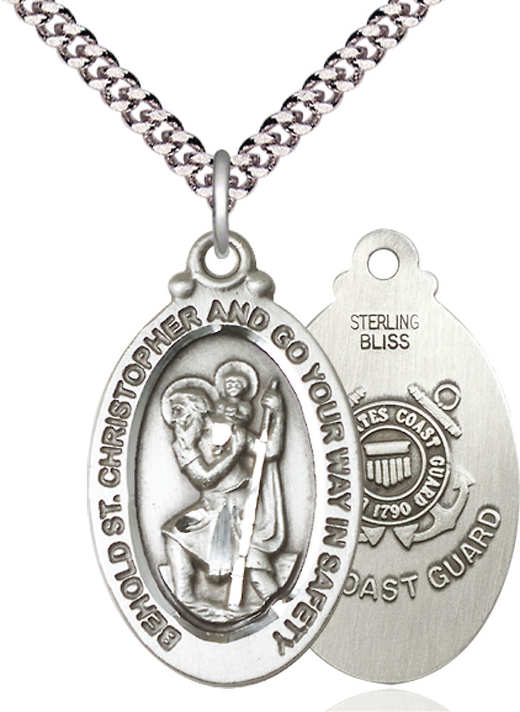 Sterling Silver Saint Christopher Coast Guard Pendant on a 24 inch Light Rhodium Heavy Curb chain