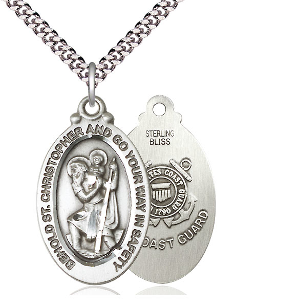 Sterling Silver Saint Christopher Coast Guard Pendant on a 24 inch Light Rhodium Heavy Curb chain