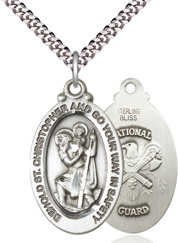 Sterling Silver Saint Christopher National Guard Pendant on a 24 inch Light Rhodium Heavy Curb chain