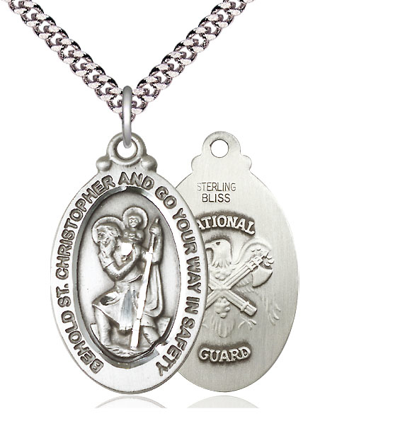 Sterling Silver Saint Christopher National Guard Pendant on a 24 inch Light Rhodium Heavy Curb chain