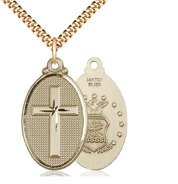 14kt Gold Filled Cross Air Force Pendant on a 24 inch Gold Plate Heavy Curb chain