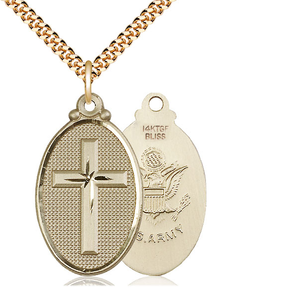 14kt Gold Filled Cross Army Pendant on a 24 inch Gold Plate Heavy Curb chain