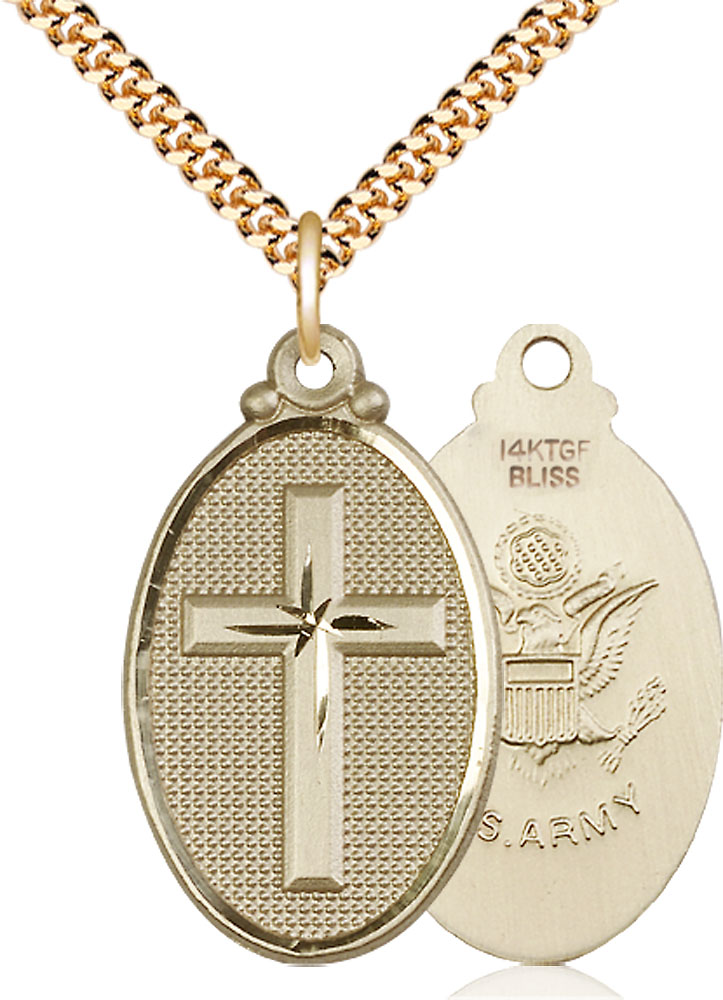14kt Gold Filled Cross Army Pendant on a 24 inch Gold Plate Heavy Curb chain