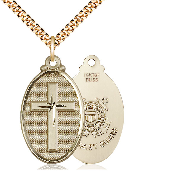 14kt Gold Filled Cross Coast Guard Pendant on a 24 inch Gold Plate Heavy Curb chain