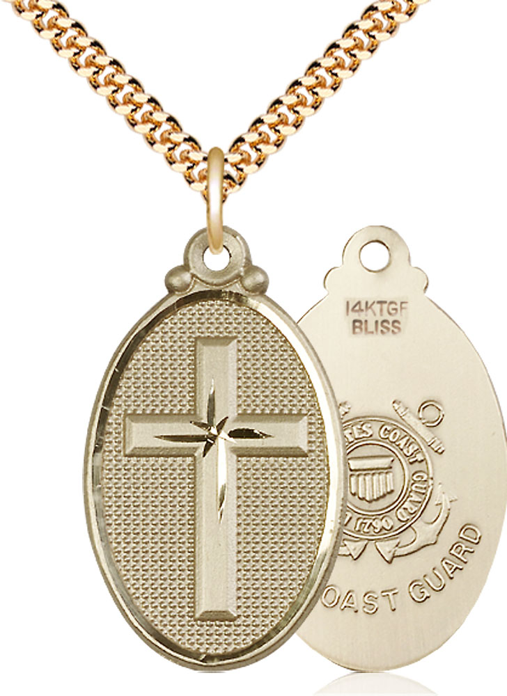 14kt Gold Filled Cross Coast Guard Pendant on a 24 inch Gold Plate Heavy Curb chain