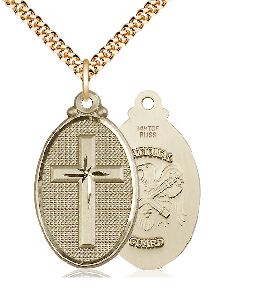 14kt Gold Filled Cross National Guard Pendant on a 24 inch Gold Plate Heavy Curb chain