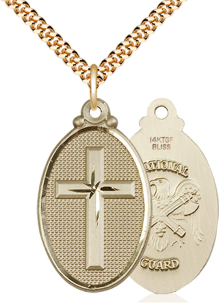 14kt Gold Filled Cross National Guard Pendant on a 24 inch Gold Plate Heavy Curb chain