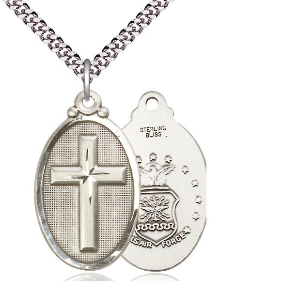 Sterling Silver Cross Air Force Pendant on a 24 inch Light Rhodium Heavy Curb chain