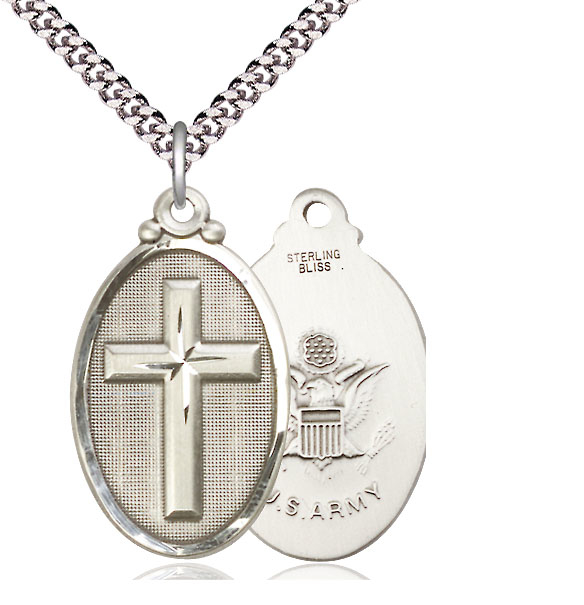 Sterling Silver Cross Army Pendant on a 24 inch Light Rhodium Heavy Curb chain