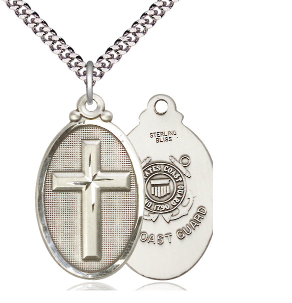 Sterling Silver Cross Coast Guard Pendant on a 24 inch Light Rhodium Heavy Curb chain