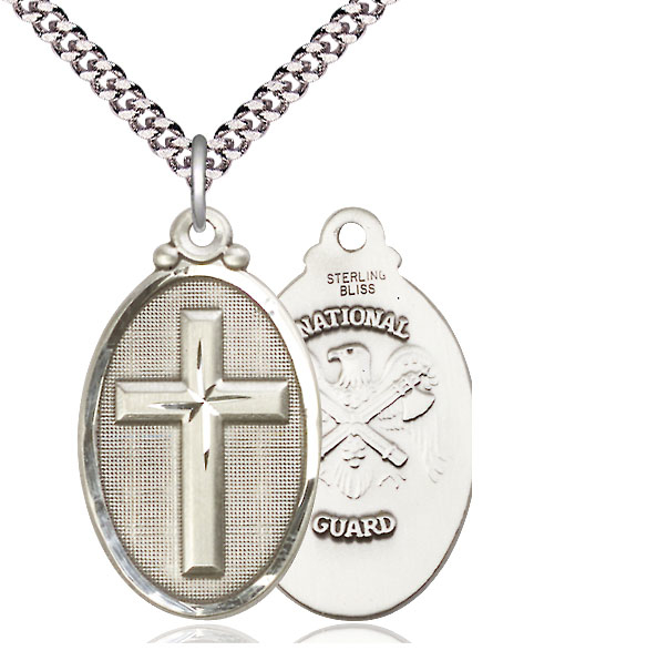 Sterling Silver Cross National Guard Pendant on a 24 inch Light Rhodium Heavy Curb chain