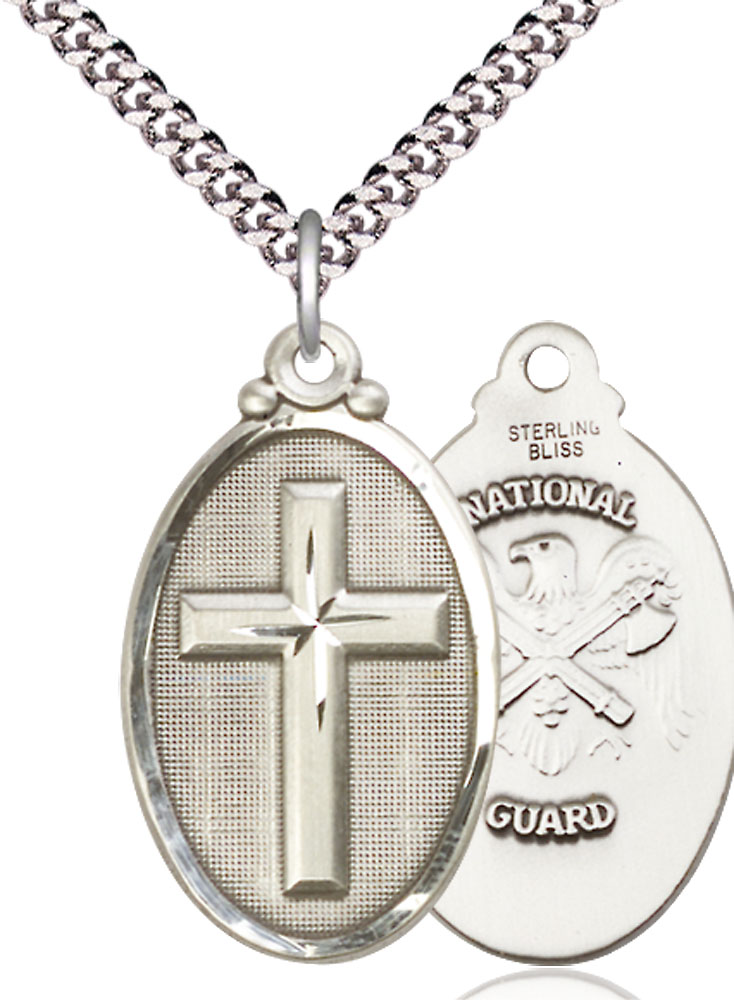 Sterling Silver Cross National Guard Pendant on a 24 inch Light Rhodium Heavy Curb chain