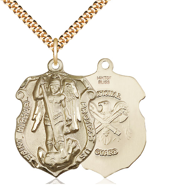 14kt Gold Filled Saint Michael National Guard Pendant on a 24 inch Gold Plate Heavy Curb chain