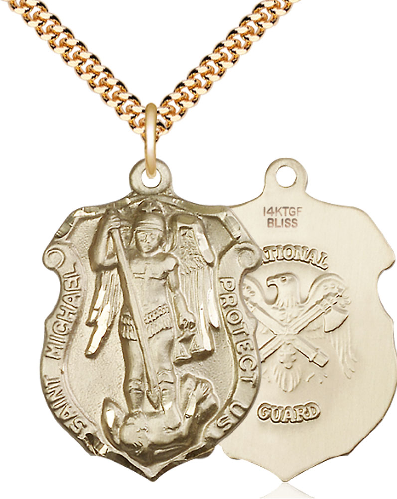 14kt Gold Filled Saint Michael National Guard Pendant on a 24 inch Gold Plate Heavy Curb chain