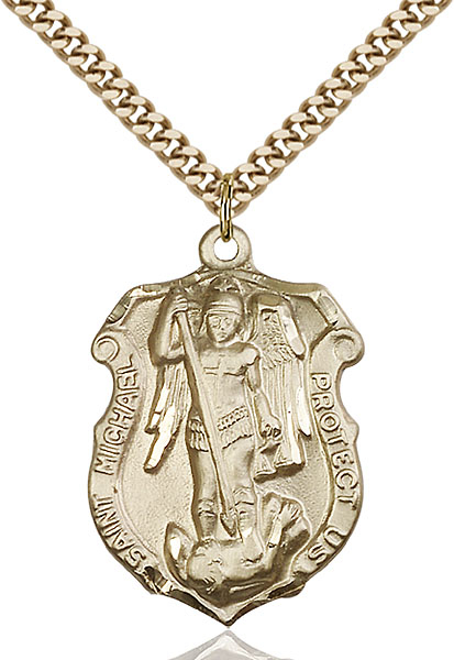 14kt Gold Filled Saint Michael Navy Pendant on a 24 inch Gold Plate Heavy Curb chain