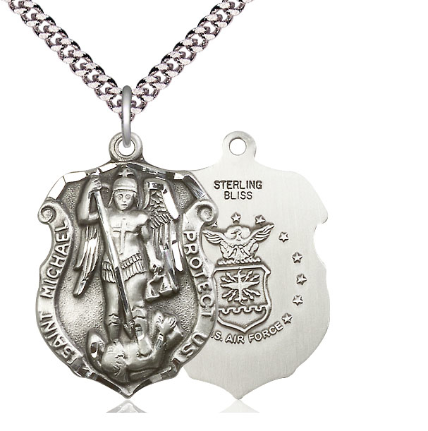 Sterling Silver Saint Michael Air Force Pendant on a 24 inch Light Rhodium Heavy Curb chain