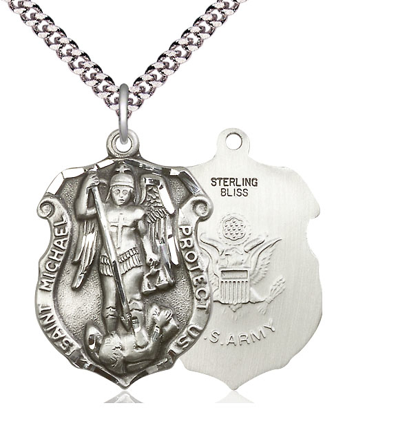 Sterling Silver Saint Michael Army Pendant on a 24 inch Light Rhodium Heavy Curb chain