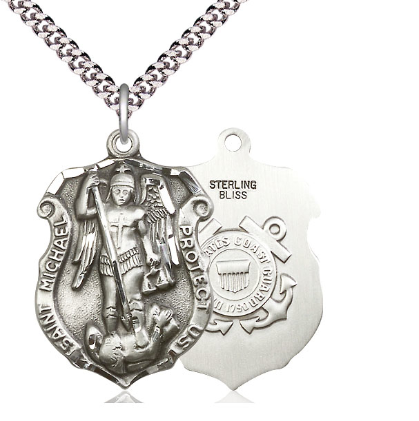 Sterling Silver Saint Michael Coast Guard Pendant on a 24 inch Light Rhodium Heavy Curb chain