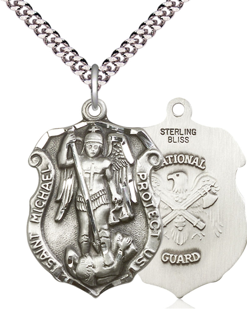 Sterling Silver Saint Michael National Guard Pendant on a 24 inch Light Rhodium Heavy Curb chain