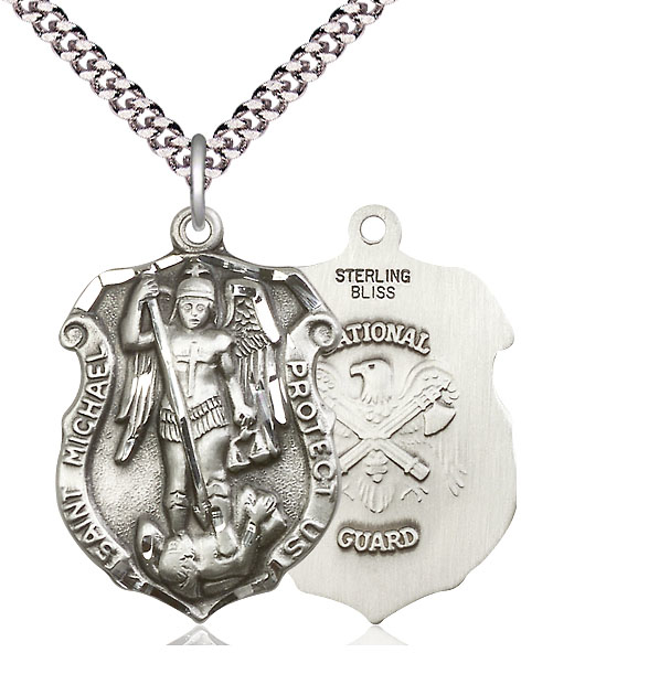 Sterling Silver Saint Michael National Guard Pendant on a 24 inch Light Rhodium Heavy Curb chain