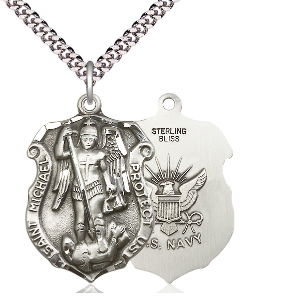 Sterling Silver Saint Michael Navy Pendant on a 24 inch Light Rhodium Heavy Curb chain